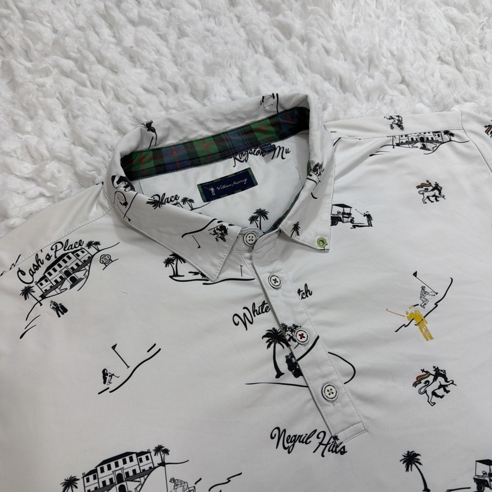 William Murray Polo Shirt‎ Mens XL Jamaica Golf Course White AOP Graphic Rare!
